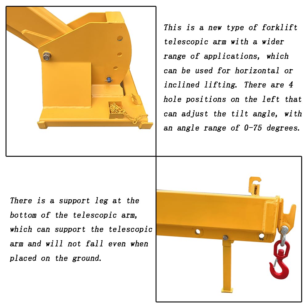 EQCOTWEA Adjustable Forklift Jib Boom Crane, 84-144inches Telescopic Boom Mobile Lifting Attachment, 0-75° Adjustable Tilt, 3T/6600LB Capacity, Forklift Extension Towing Handling Equipment