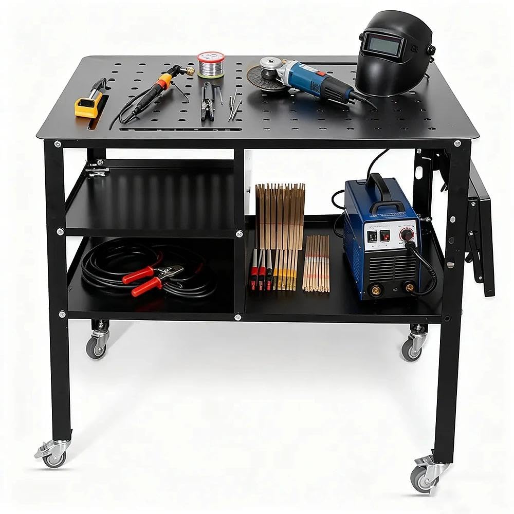 Portable Welding Table with Foldable Side Panels, Mobile Workbench Cart with Wheels for Factory, Garage & Welding Applications，Black,34'L × 24'W × 33.5'H