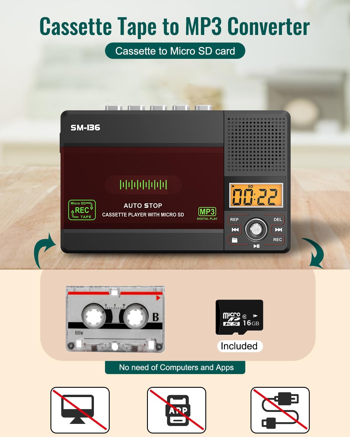 Cassette Cassette MP3 Cassette/Computer/SD 16GB SEMIER Small Tape Player, USB C or SD Card Audio to Digital Converter