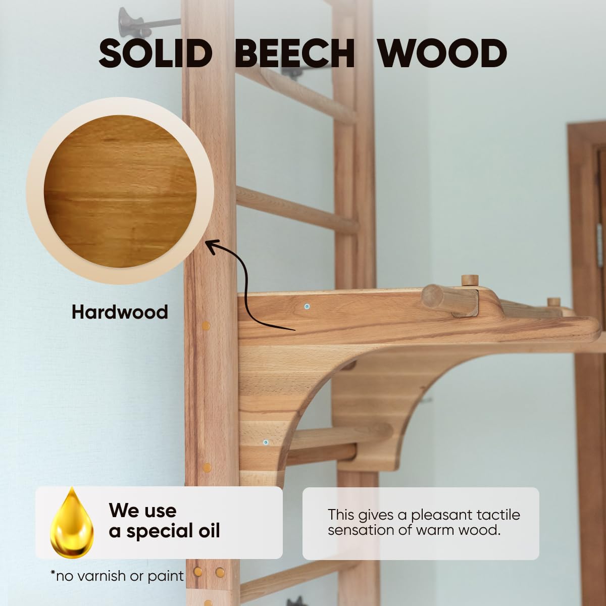 Swedish Ladder Wall Stall Bars for Kids and Adults, made of Solid Beech Wood, Withstands Loads up to 880 lbs, with Removable Pull-Up Bar, Dip Bar, Gymnastics and Exercise Indore Gym