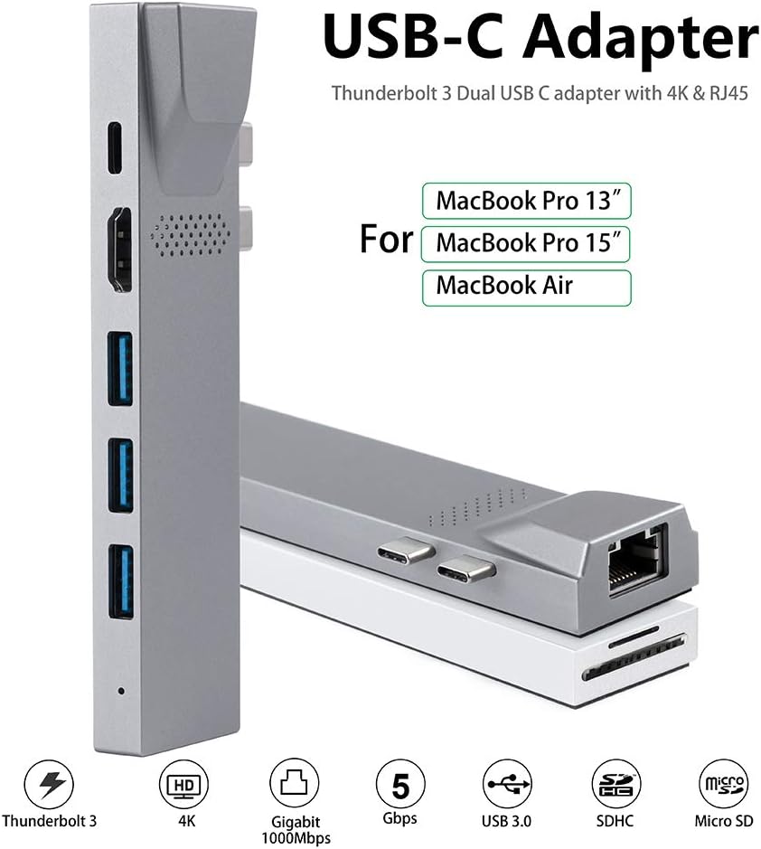 YUANSHAN 8-in-1 4K 3 3.0 100W 3, USB C Hub for MacBook, Docking Station Adapter with HDMI, Gigabit Ethernet, USB Ports