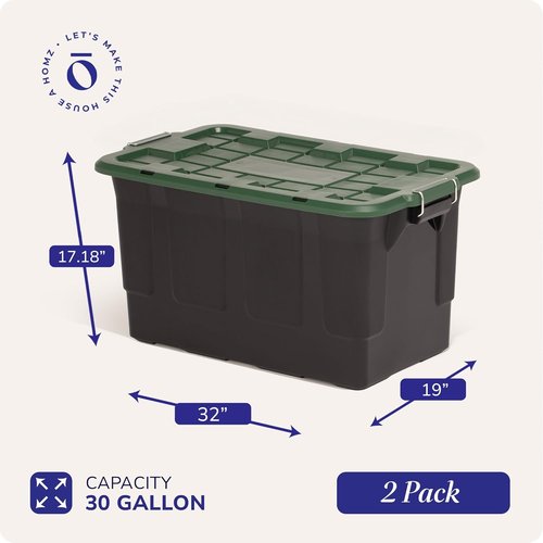 HOMZ 30-Gallon Plastic Stackable Storage Bins - Latching Lid & Handles for Home Organization | Black/Green 2-Pack