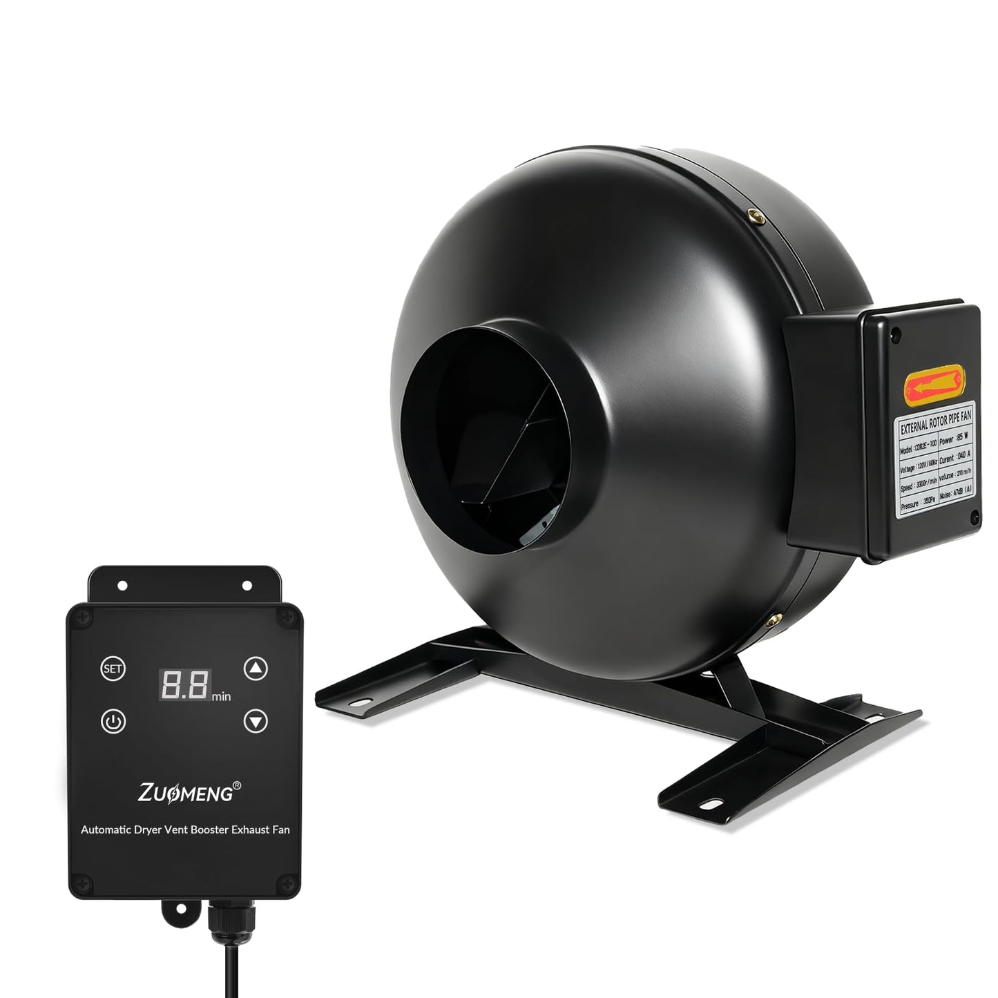 Zuomeng M-4DBT Automatic Dryer Vent Booster Exhaust Fan 4" Duct, 200 CFM High Airflow, 1–30 Min Delay Adjustment, Improves Long-Vent Ventilation & Reduces Lint Buildup