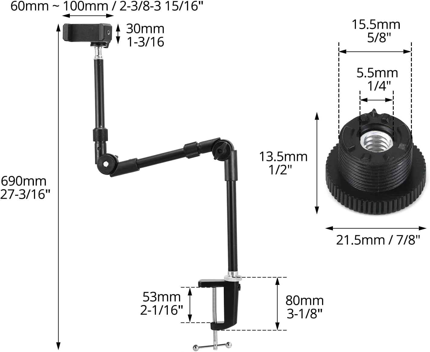 QWORK 25" 5/8" Webcam Stand Camera Mount with Phone Holder, Gooseneck Camera Stand Desk Clamp & Screw for Action