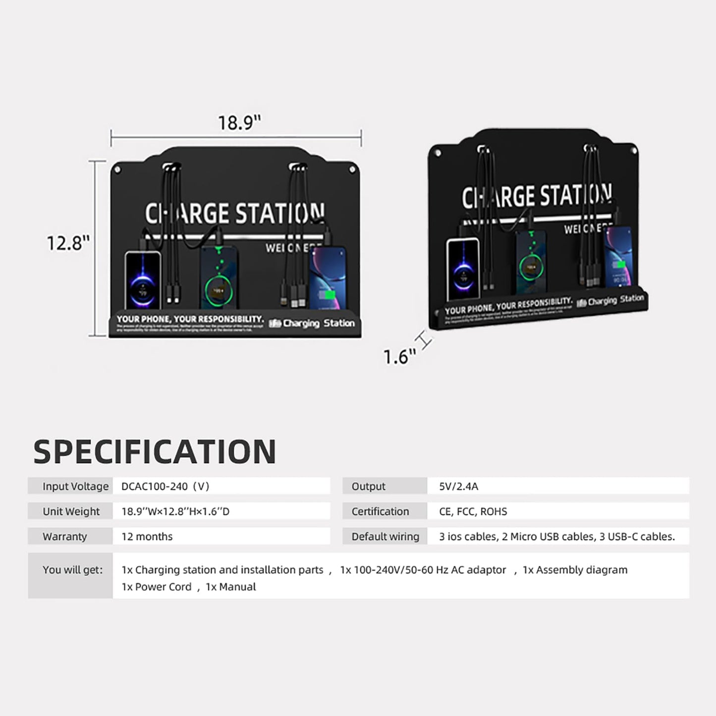 Wall Mounted Cell Phone Charging Station Mobile Phone Charging Station | Fast Charging 8 Device | Compatible with iphone ipad Smartphone Tablets Port | Great for Offices Hotel Hospital Airport (Black)