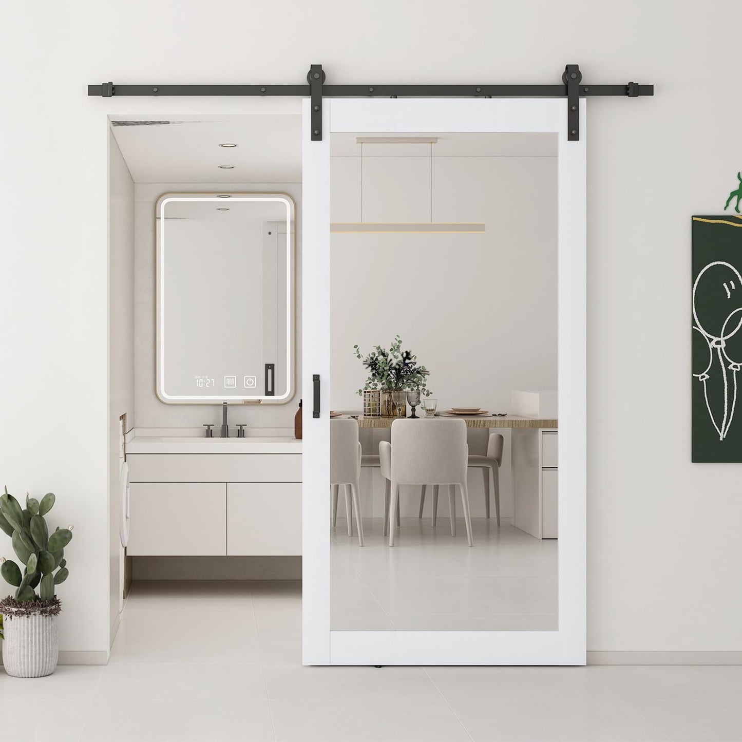 JUBEST 42x84 in Mirror Barn Door and 7FT Sliding Door Hardware Kit Included, White Full Length Mirror, Solid Wood Panel Covered with Water-Proof PVC Surface, No Assembly Required