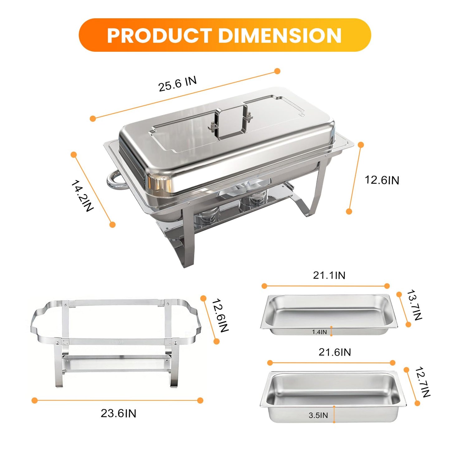 POWERFUEL Chafing Dishes for Buffet, 4 Pack 9QT Rectangular Stainless Steel Chafing Dishes Set with with 4 Serving Tongs, Serving Tray, Water Pan, Stand, Fuel Holder for Party, Gathering, Wedding