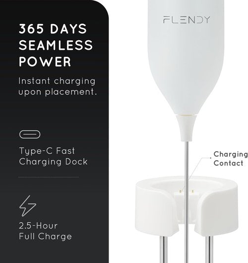 Flendy Rechargeable Milk Frother - Handheld Electric Drink Mixer with USB-C Charging Stand | Perfect for Coffee & Matcha