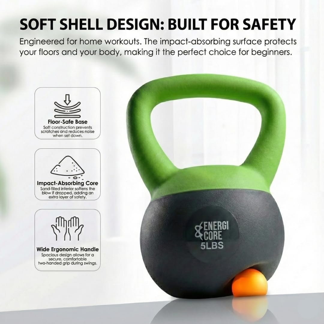 ENERGI CORE 5 LB Soft Kettlebell – Sand Filled Rubber Weight for Beginners, Seniors & Recovery – Light Kettlebell for Women, Home Gym & Physical Therapy