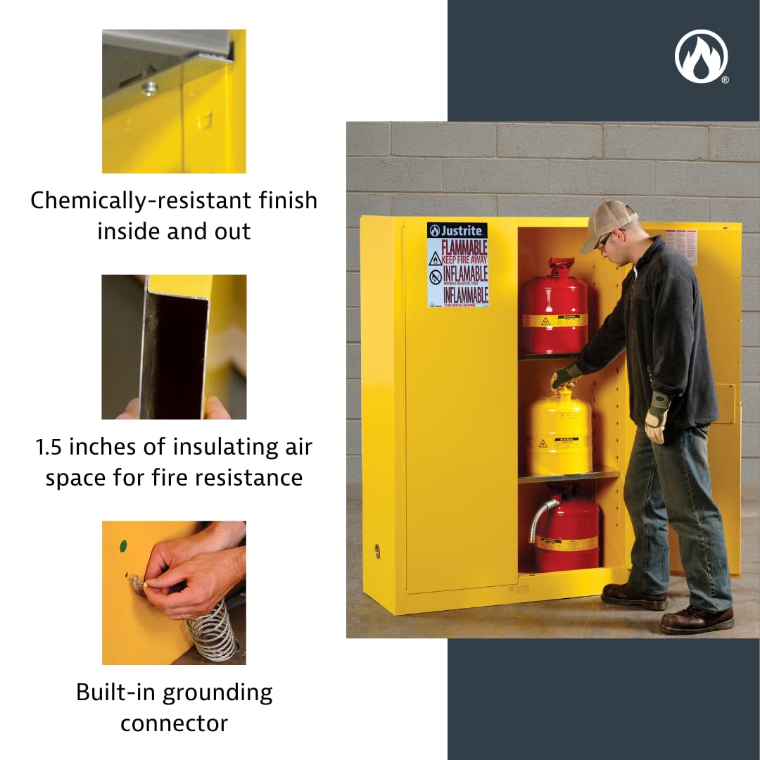 Justrite 4 Gallon Manual Close Countertop Flammable Storage Cabinet, 18 Gauge Steel, 1 Shelf, 1 Door Fire Cabinet, 22" x 17" x 17", Made in The USA, Yellow, 890400