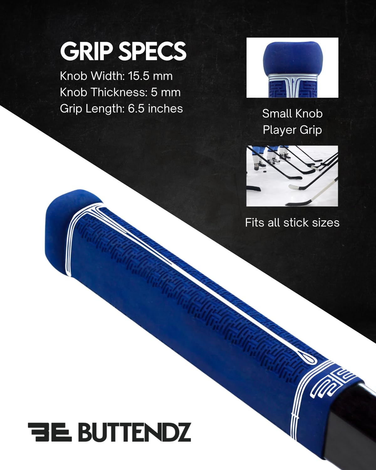 Buttendz Fusion Z Hockey Stick Replacement Grip - Reusable Design, Small Knob Player Grip for Top Hand Mobility, Fits All Stick Sizes (Blue, White Drip)