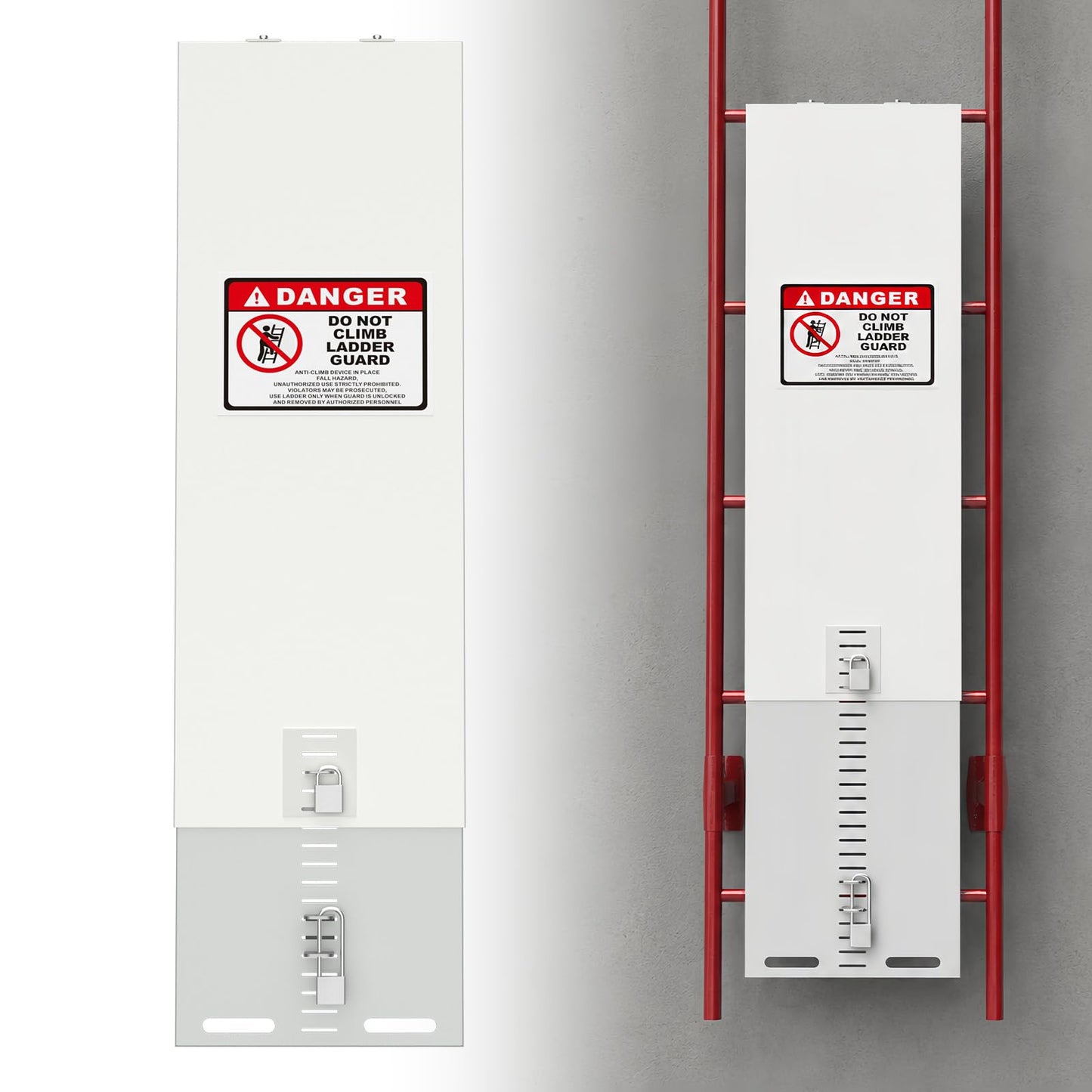 333'S Adjustable Fixed Ladder Safety Guard, Anti-Climb Ladder Guard with Adjustable Hooks and Multi-Level Length, Ladder Lockout Plate for Roof Access and Industrial Fixed Ladders, 15.7 in Wide
