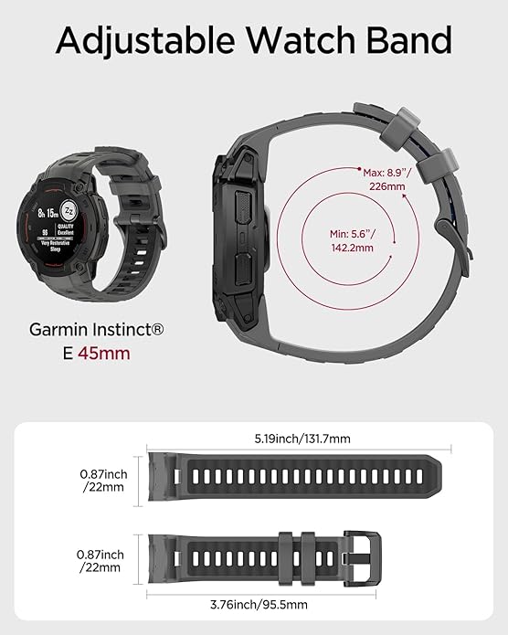 Miimall Rugged Band for Garmin Instinct E 45mm Sport Strap, Lightweight, 22mm Silicone Adjustable Watch Bracelet Replacement Wristband for Garmin Instinct E for Men Women, Black