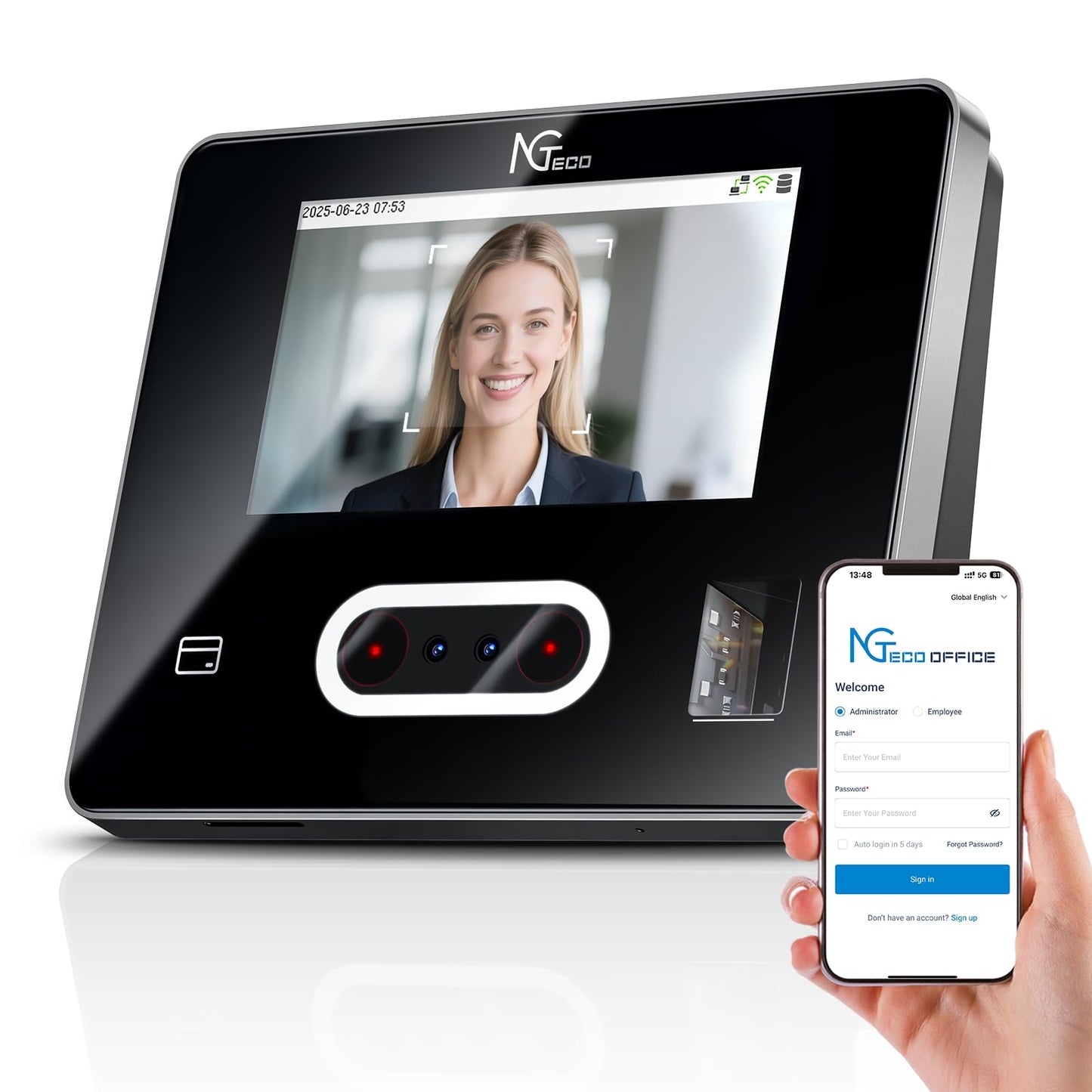 NGTeco Time Clock Cloud-Based with Tuch Screen, 4-in-1 Remote Control Time Clocks for Employees Small Business, Face/Fingerprint/Card/PIN, 2.4GHz&5GHz WiFi, Software & App, 10 IC Cards, 0 Monthly Fee