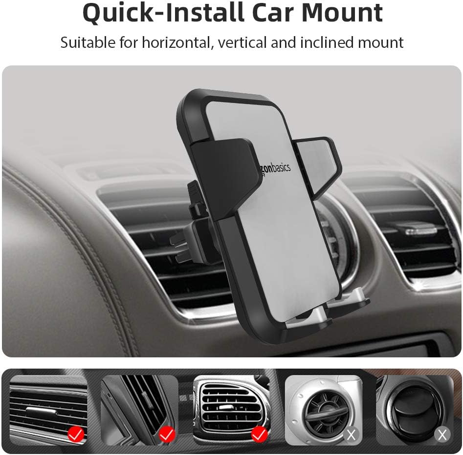 Amazon Basics 360 Universal Portable Smartphone Holder for Car, Air Vent Mount, Rotation, Easy to Install, One-Handed
