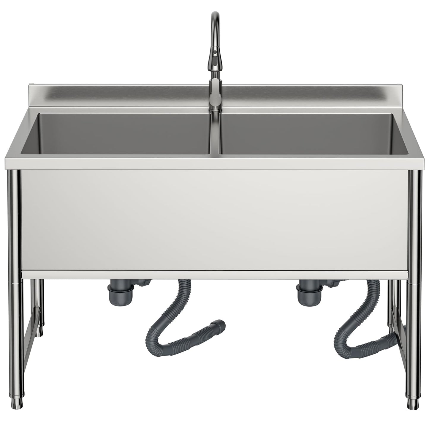 47" Stainless Steel Commercial Sink 2 Bowl Freestanding Kitchen Sink with Pull-out Faucet, Large Utility Sink for Kitchen, Dishwashing, Thawing, Laundry Room, Garage, Outdoor, Total Capacity 50 Gallon