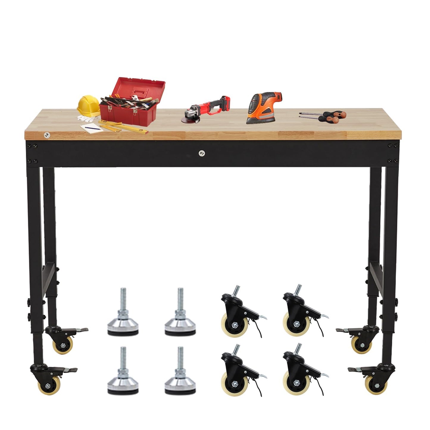48"x24"x1.2" Heavy Duty Adjustable Workbench with Rubber Wood Top, 9 ft Power Strip, 2000 LBS Load, Lockable Wheels, ETL Certified, Black Garage & Workshop Table
