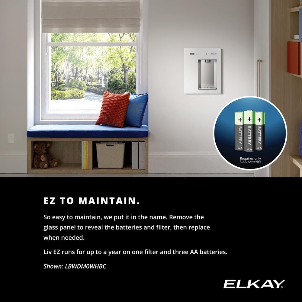 Elkay Liv EZ LBWDM0WHBC Built-in Filtered Wall-Mount Water Dispenser – Battery Powered, NSF Certified, Push Button, Reduces Lead & PFAS, Aspen White, Non-Refrigerated – Ideal for Home