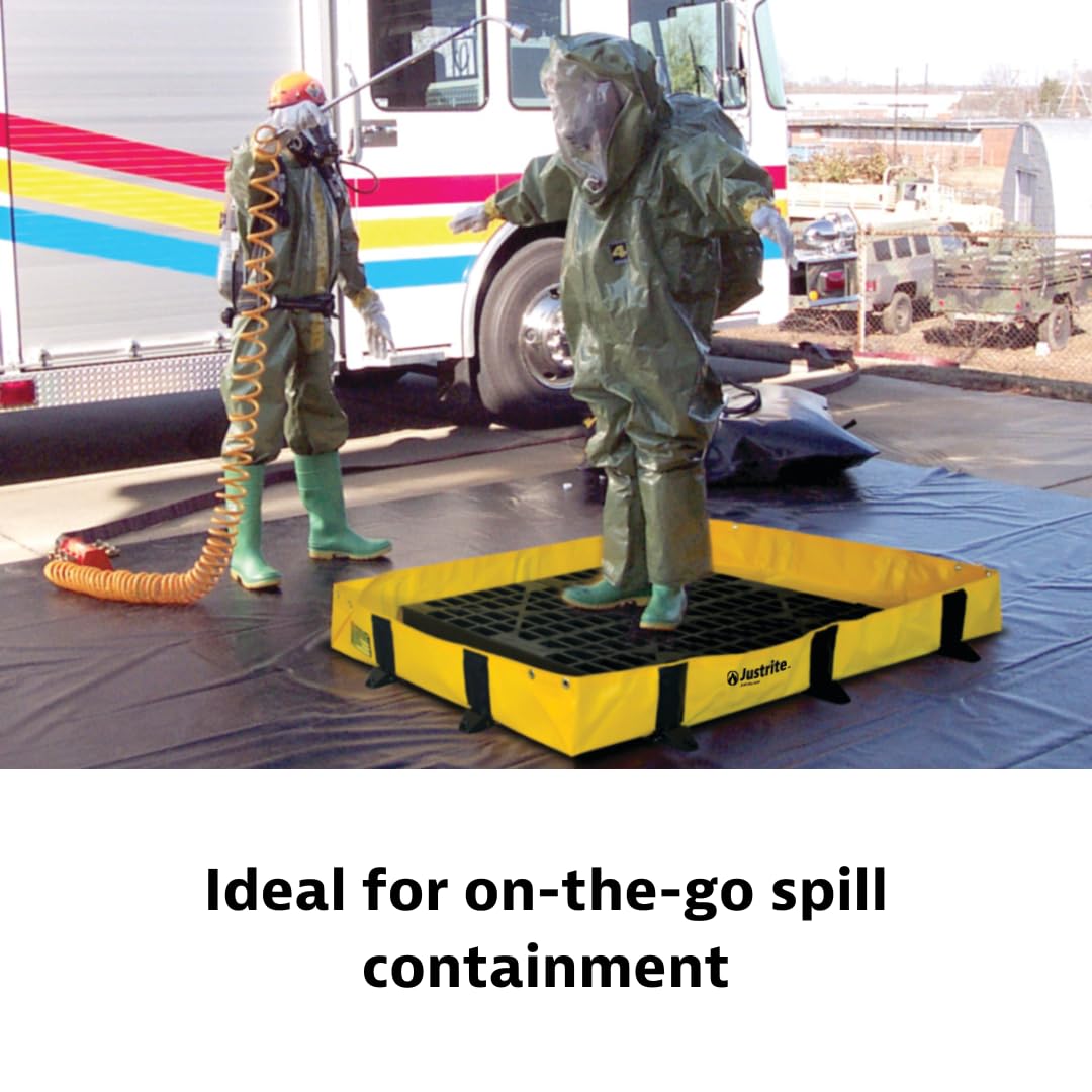 Justrite Rigid-Lock QuickBerm® Lite, 4' x 6' x 8" Folding Oil Spill Containment Berm, 119 Gallon Spill Capacity, PVC Coated Fabric, Made in The USA, Yellow, 28372