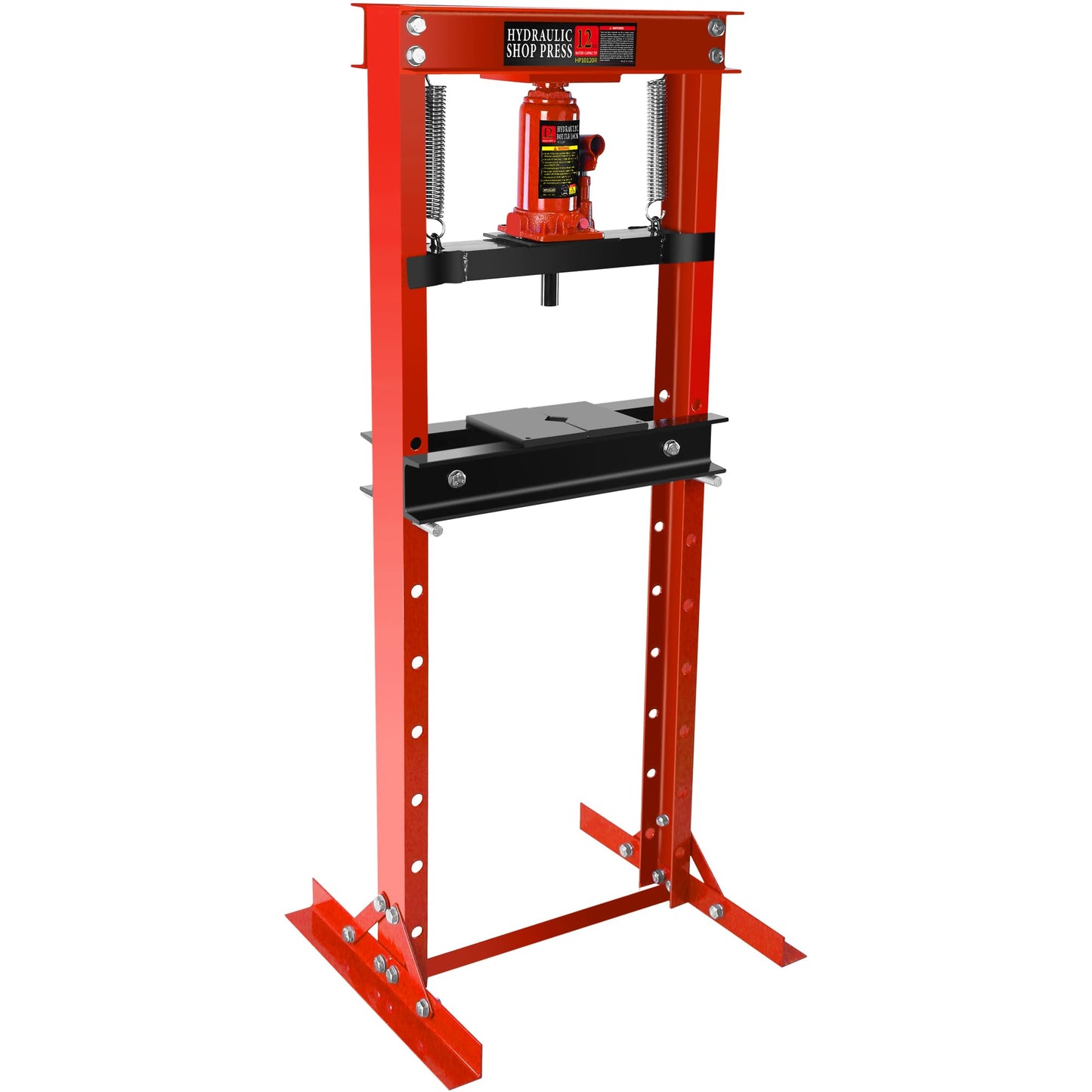 PULLAFUN Hydraulic Press, 12-Ton Benchtop Hydraulic Shop Press with Press Plates, H-Frame Garage Floor Press, Adjustable Working Table Height, Red