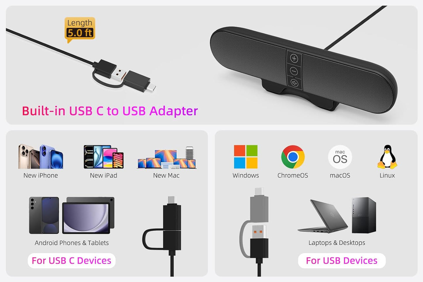 XKX Computer Speakers for Desktop PC Monitor, USB Plug-in, Wired, Computer Soundbar for PC, Laptop Speakers