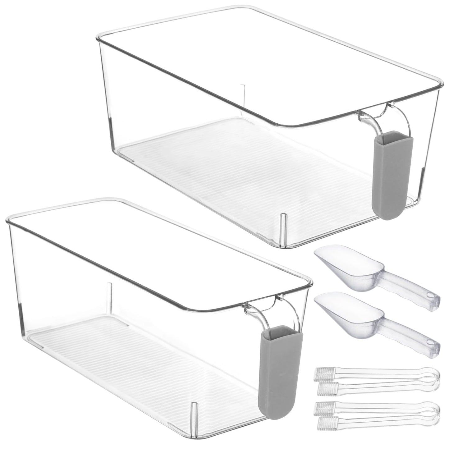 2 PCS Ice Bin with Scoop and Tong, Ice Bucket with Pull-out Handle for Freezer, 2 Sizes Clear Plastic Ice Container for DIY Drink Summer Party, 12.2 x 6.9 x 4.3 in, 12.2 x 4.9 x 4.3 in, Gray Handle