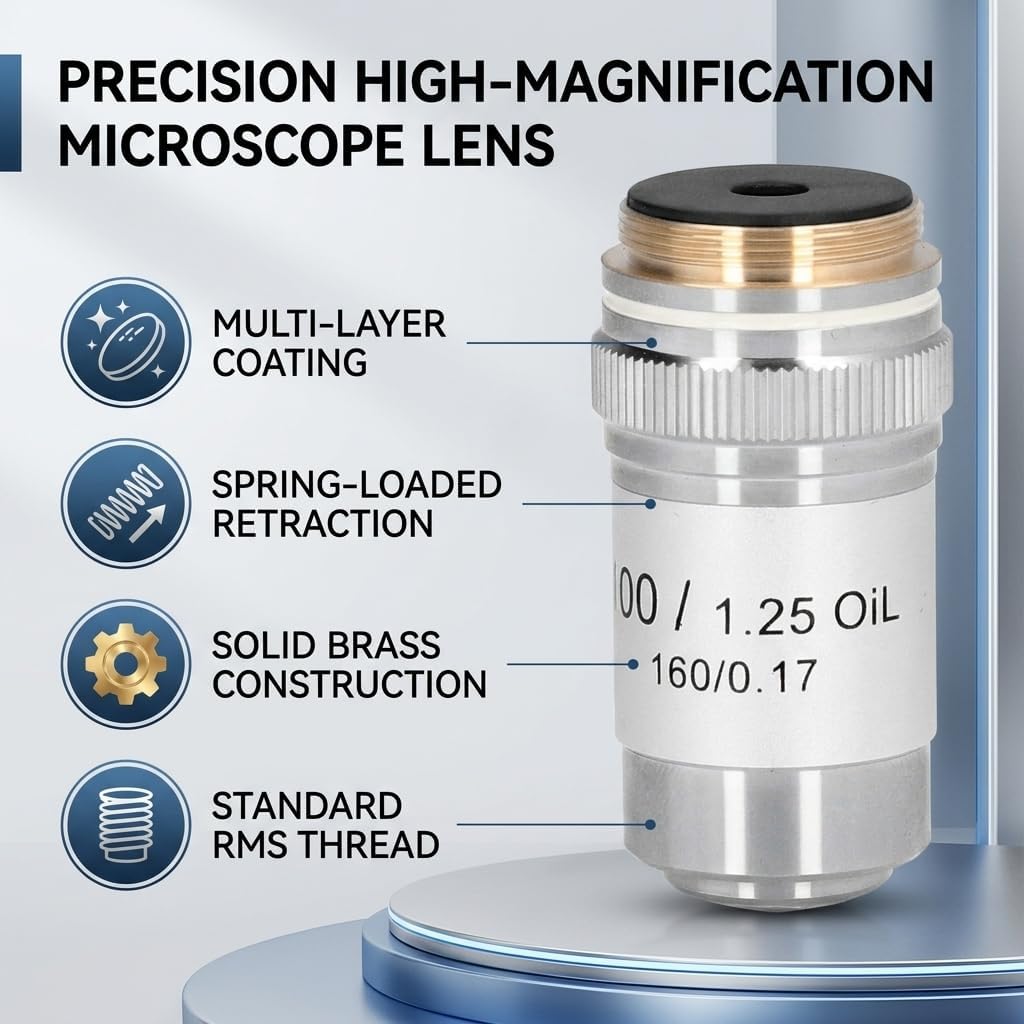 FTVOGUE 100X A100X 1.25 Achromatic Objective Lens, Brass Microscope Objective, High Magnification Numerical Aperture