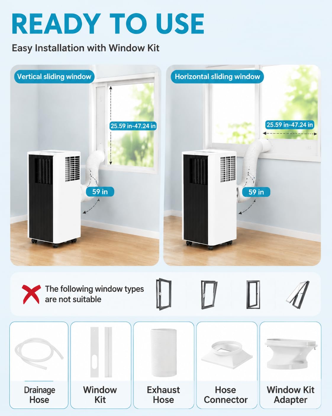 8,000 BTU Portable Air Conditioner, 4-in-1 Portable AC Unit Up to 350 Sq.Ft., Portable Air Conditioner with Cool, Fan, Dehumidifier, 24H Timer, Remote & Installation Kit, for Bedroom