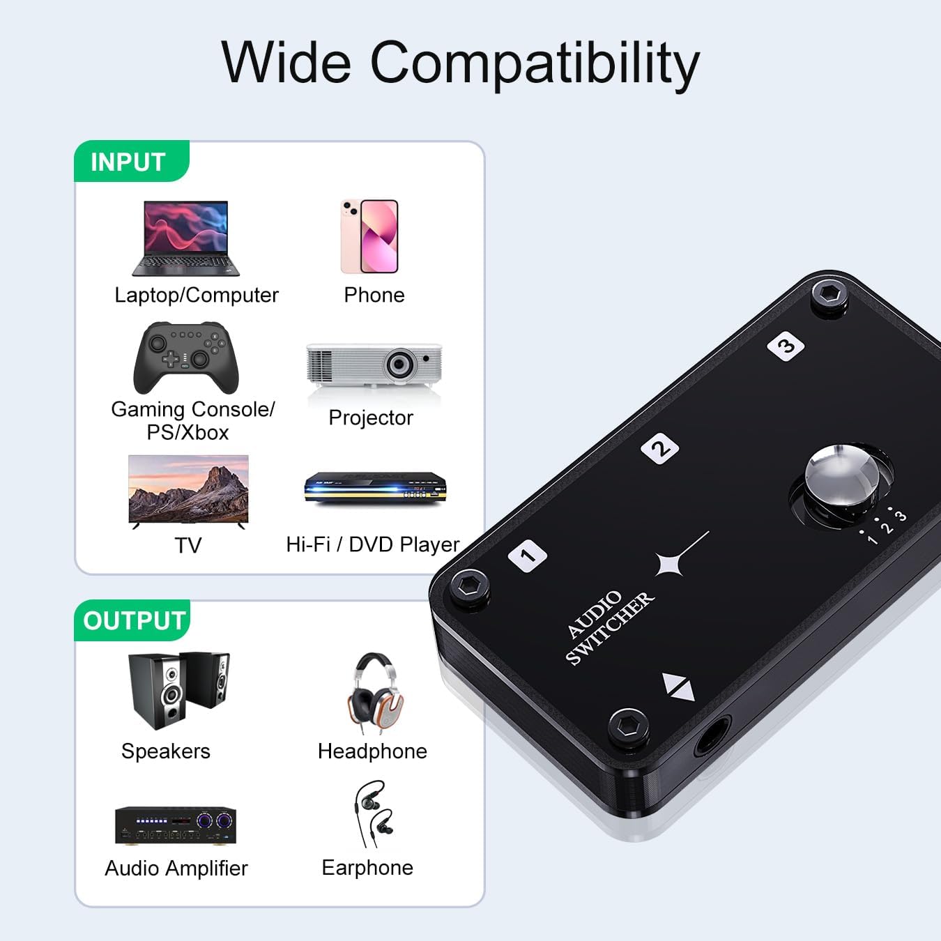 cooidea 3.5mm 1 3 3 1 3.5mm 3 Stereo Audio Switcher Support in Out or in Out with Audio Cable, Ports AUX Audio Speaker
