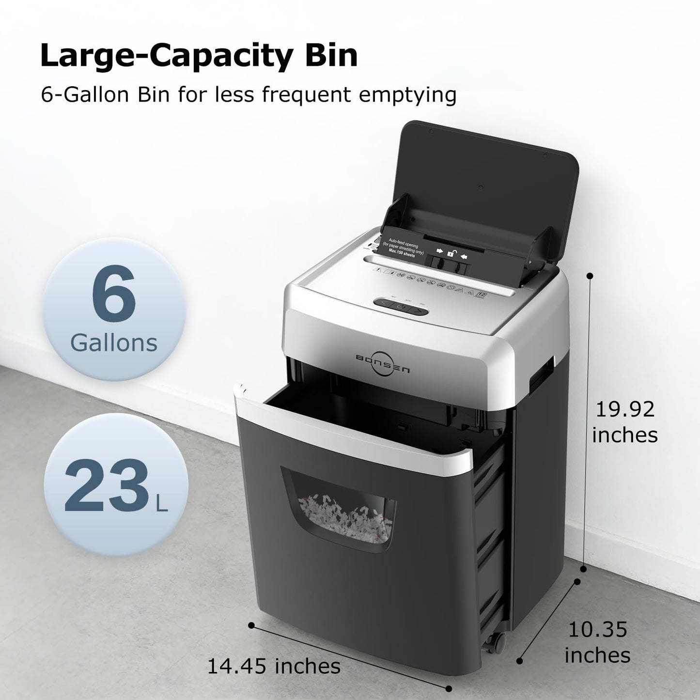 BONSEN 150-Sheet Autofeed Paper Shredder Heavy Duty, 60 Mins Micro-Cut Shredder for Office, 6 Gal Large Capacity Bin P-4 High Security Commercial Document Shredders for Home Office S3114