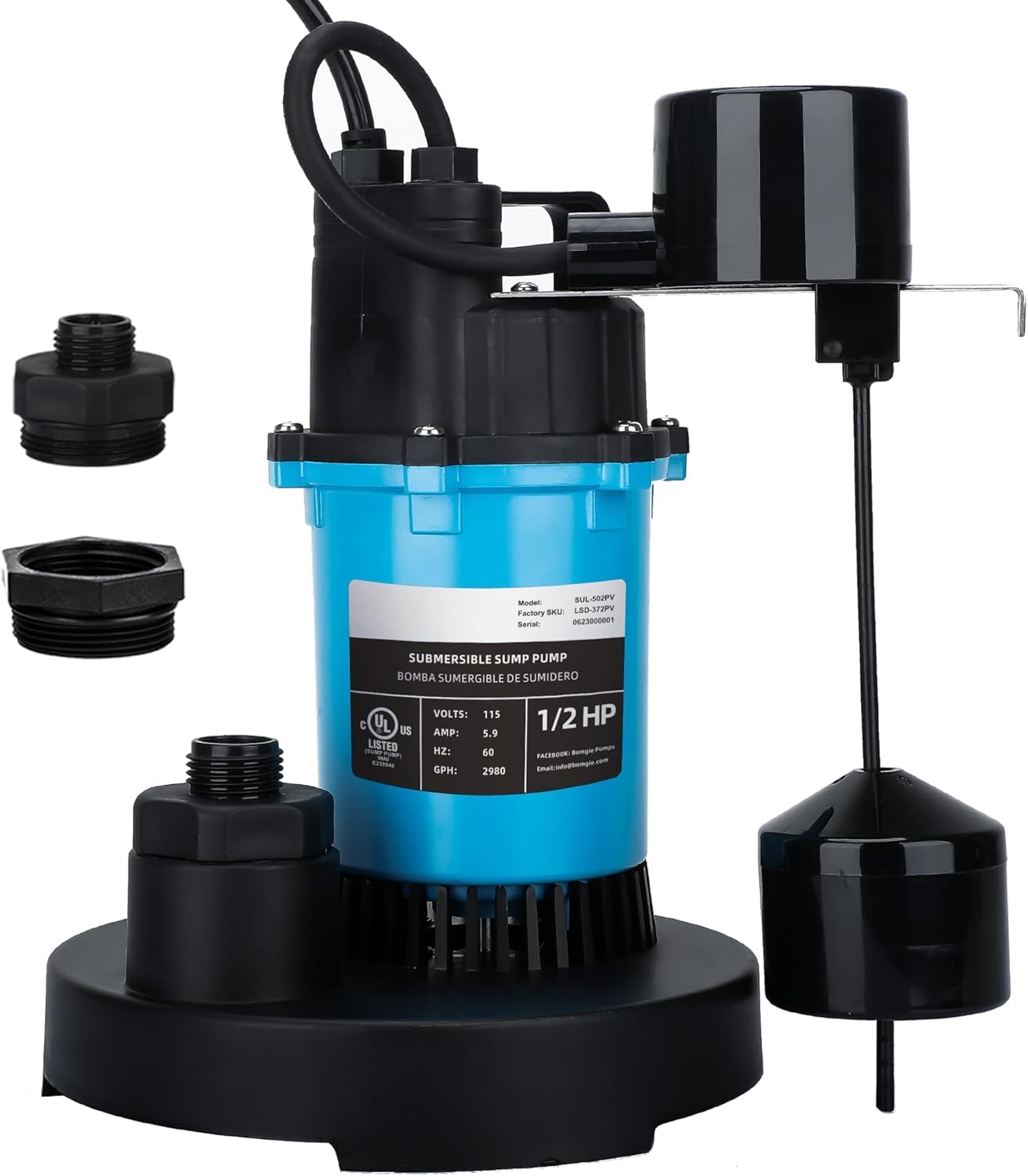 LEO Sump Pump Submersible Vertical Float Switch Automatic Utility Pumps for Clean/Dirty Water Pump Thermal Protector for Basement Pool Draining, Sky Blue