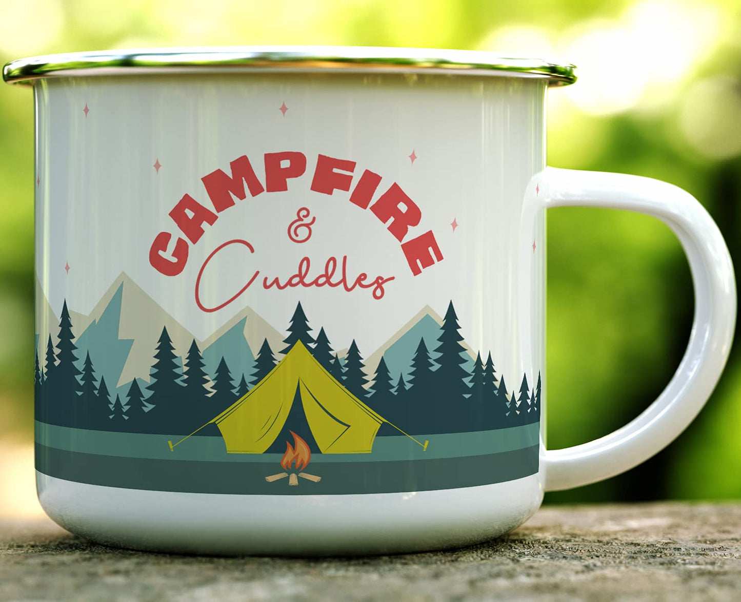 Loftipop Campfire and Cuddles Enamel Camp Mug, Outdoor Camping Coffee Cup, Mountain Nature Hiking Outdoorsy Gift (16oz)