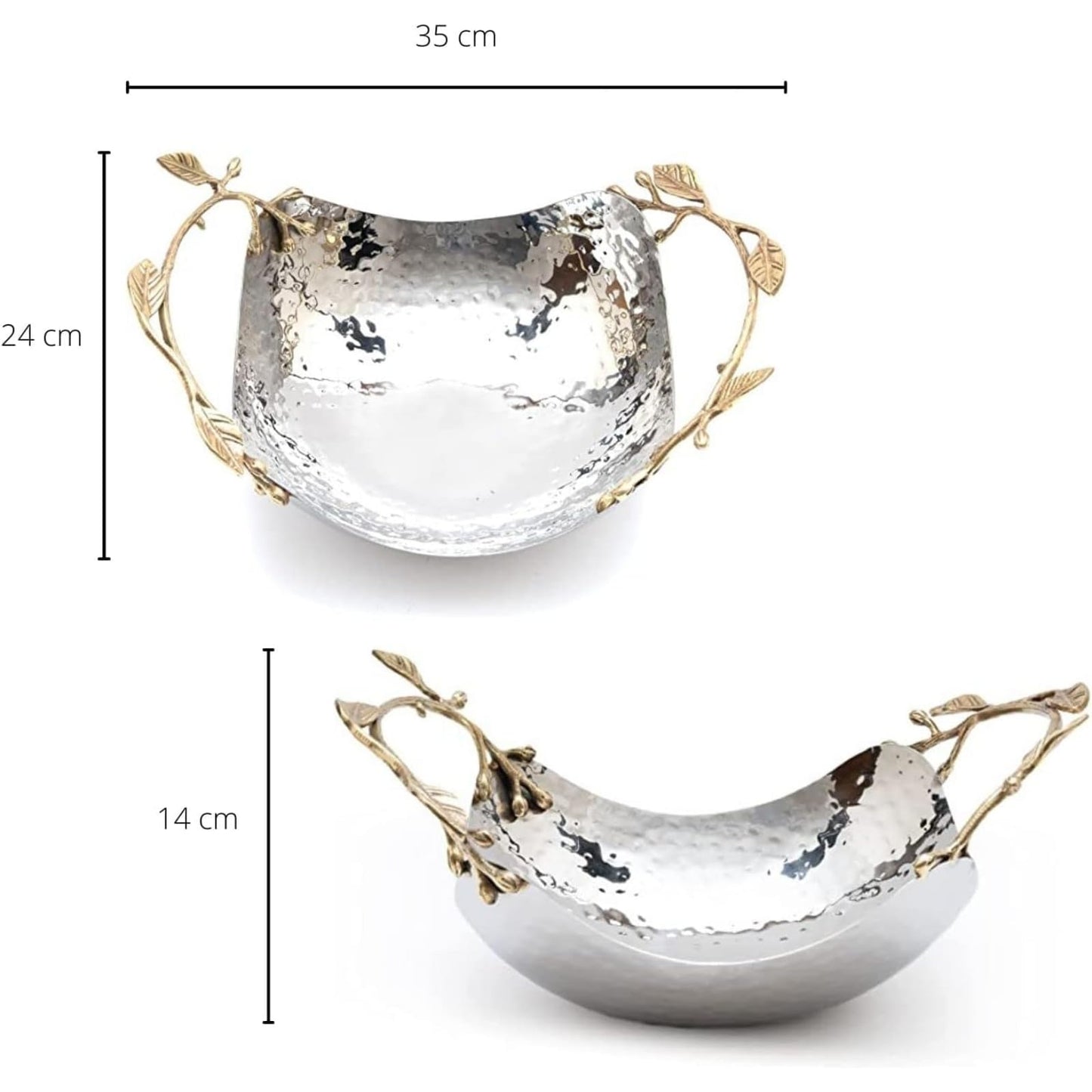 GUTE Decorative Silver Hammered Bowl, Single Piece, 13.78 x 9.45 x 5.51 Inch Stainless Steel Brass Gold Leaf Handle Basket Fruit Holder Organizer Centerpiece Display, Dining Living Room Decor Gift