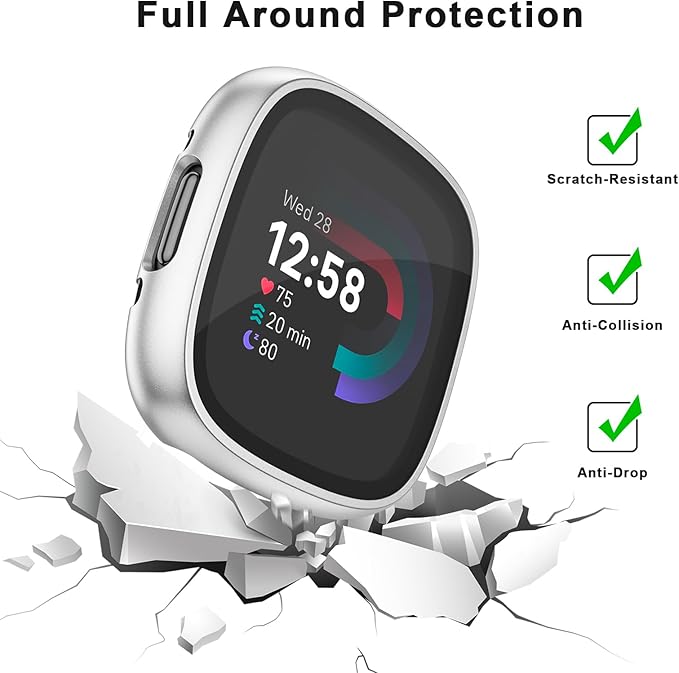 Vancle Case for Fitbit Versa 4 / Fitbit Sense 2, 4-Pack Screen Protector Tempered Glass Full Around Hard PC Case with Sensitive Touch Film Protective for Fitbit Sense 2 / Versa 4(Black + Transparent + Silver + Rose Gold)