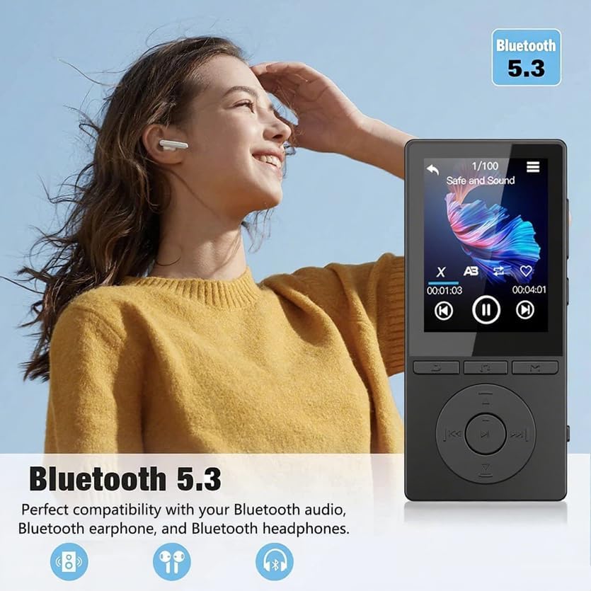 Aiandcc 64GB MP3 5.3, 2.4" MP3 128GB, Player with Bluetooth Music Player with HiFi Sound for Sports Runners, Screen