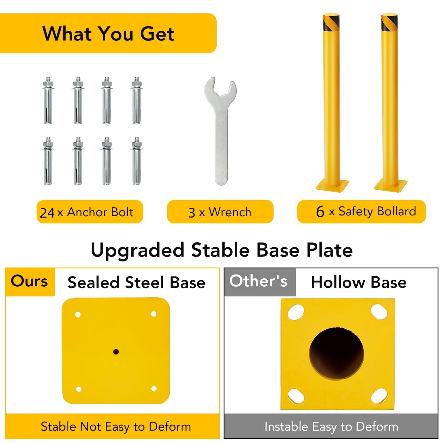 6Pcs 48 Inch Safety Bollard Post, 4.5 Inch Diameter Steel Pipe Bollard with 24 Anchor Bolts, Heavy Duty Yellow Steel Bollard for Parking Lot Security, Driveway Barrier, Traffic-Sensitive Areas