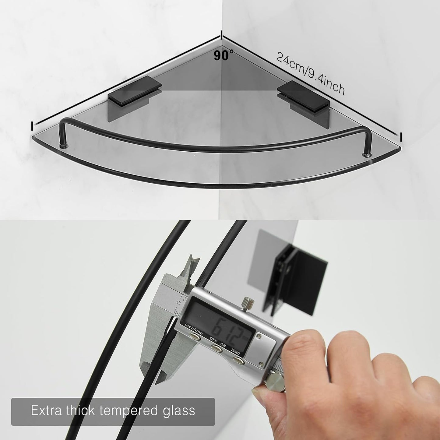 2 Pack Voldra Glass Corner Shower Caddy, Adhesive Corner Shower Shelves for Inside Shower No Drilling, Tempered Glass