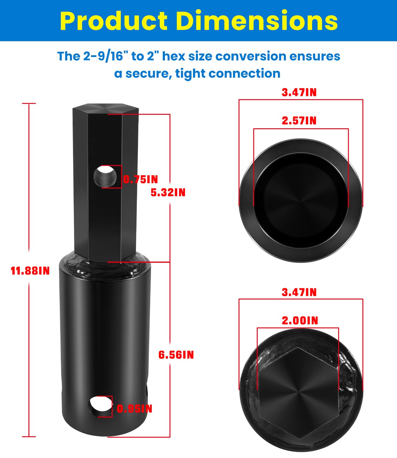 Heavy Duty Auger Adapter 2-9/16" Female Round to 2" Male Hex for Augers, Skid Steers, Tractors, Post Hole Diggers