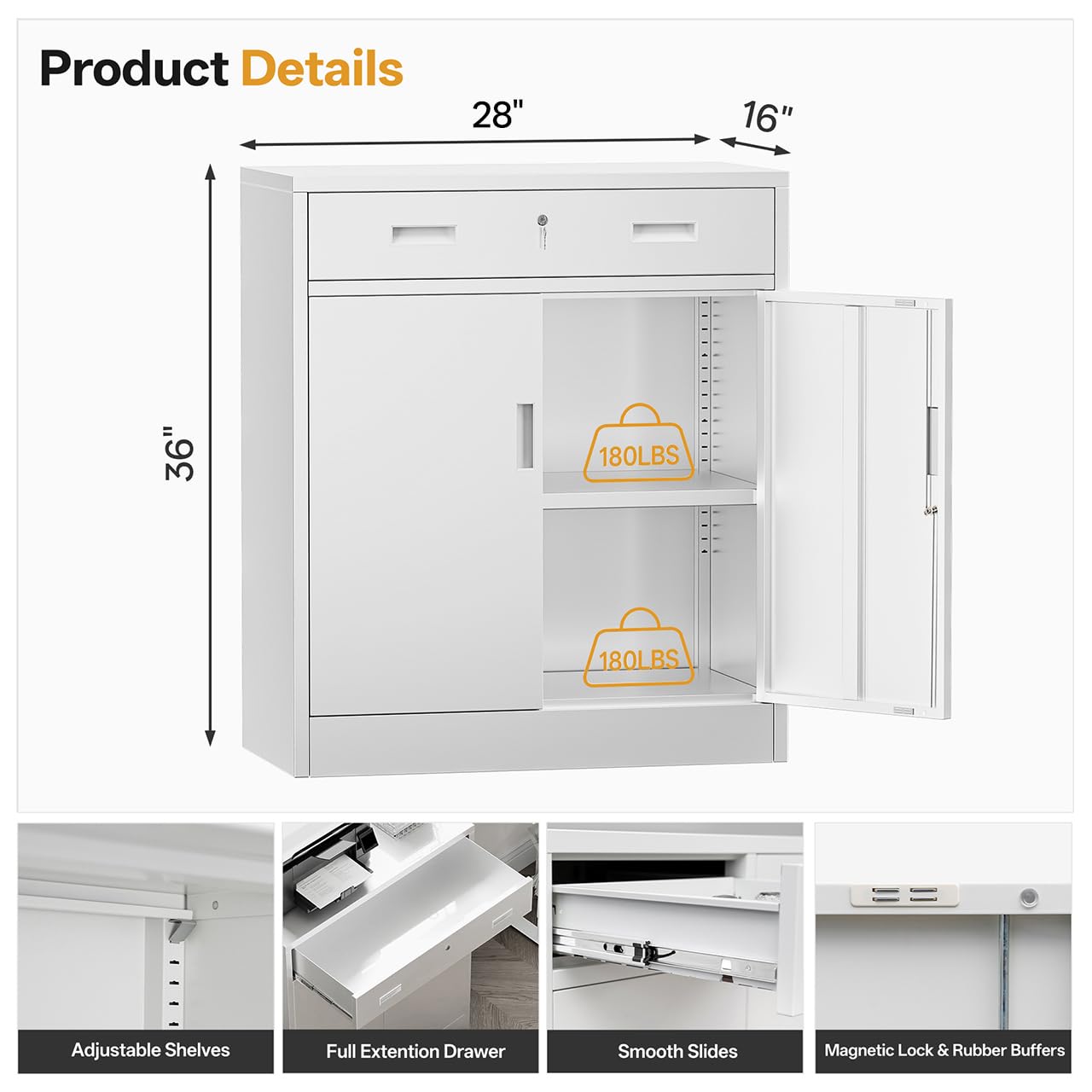 TaskStorz Metal Storage Cabinets with Drawer, 36" H Lockable Storage Cabinet with Doors and Adjustable Shelves, Small White Steel File Cabinet for Home, Office, Warehouse, School, Assembly Required