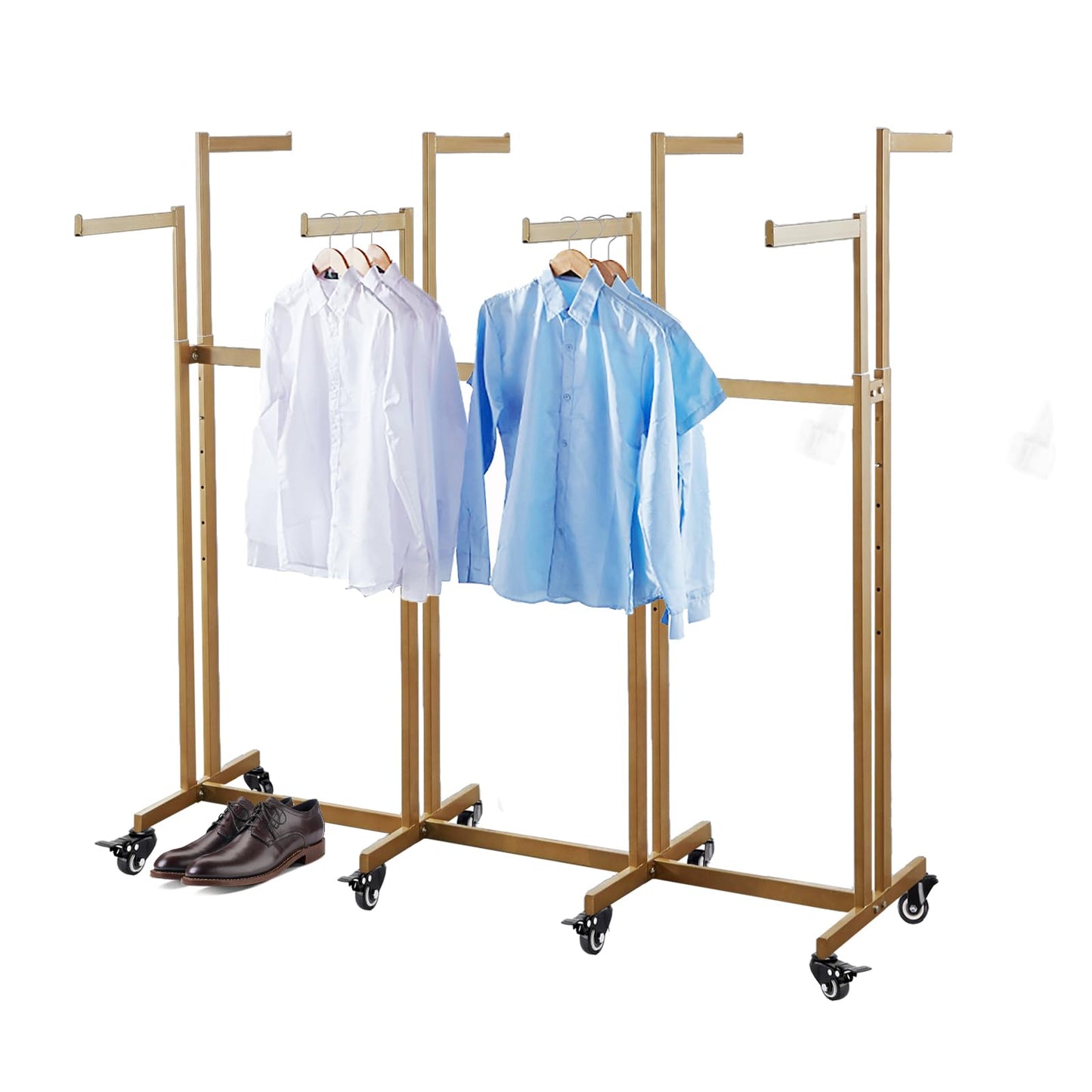 FKKPRVAX Floor Standing Metal Garment Rack - Heavy Retail Display Racks With Wheels, 8 Arms Clothing Rack, Square Tubing Portable Shirt Racks, Merchandise Display For Hanging Clothes (L-gold)