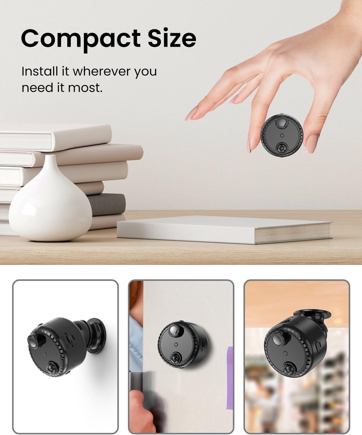 VIDCASTIVE 4K Mini WiFi Indoor Camera Wireless Nanny Cam with Night Vision, AI Motion Detection, Long Battery Life