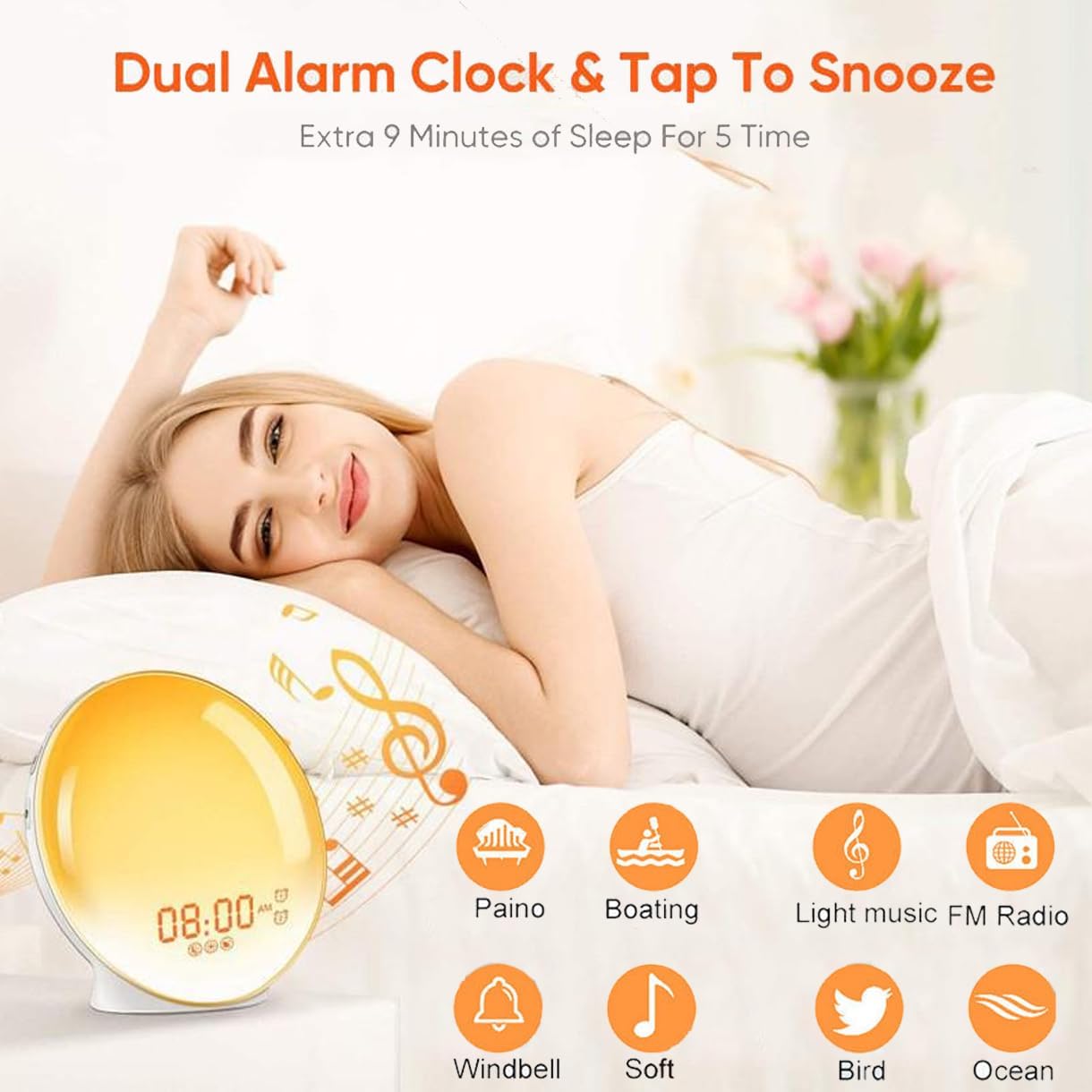 YOVDA 7 Dimmer, Sunrise Alarm Clock Radio for Bedrooms with Color Night Light, Dual Alarm, White Noise Sound Machine