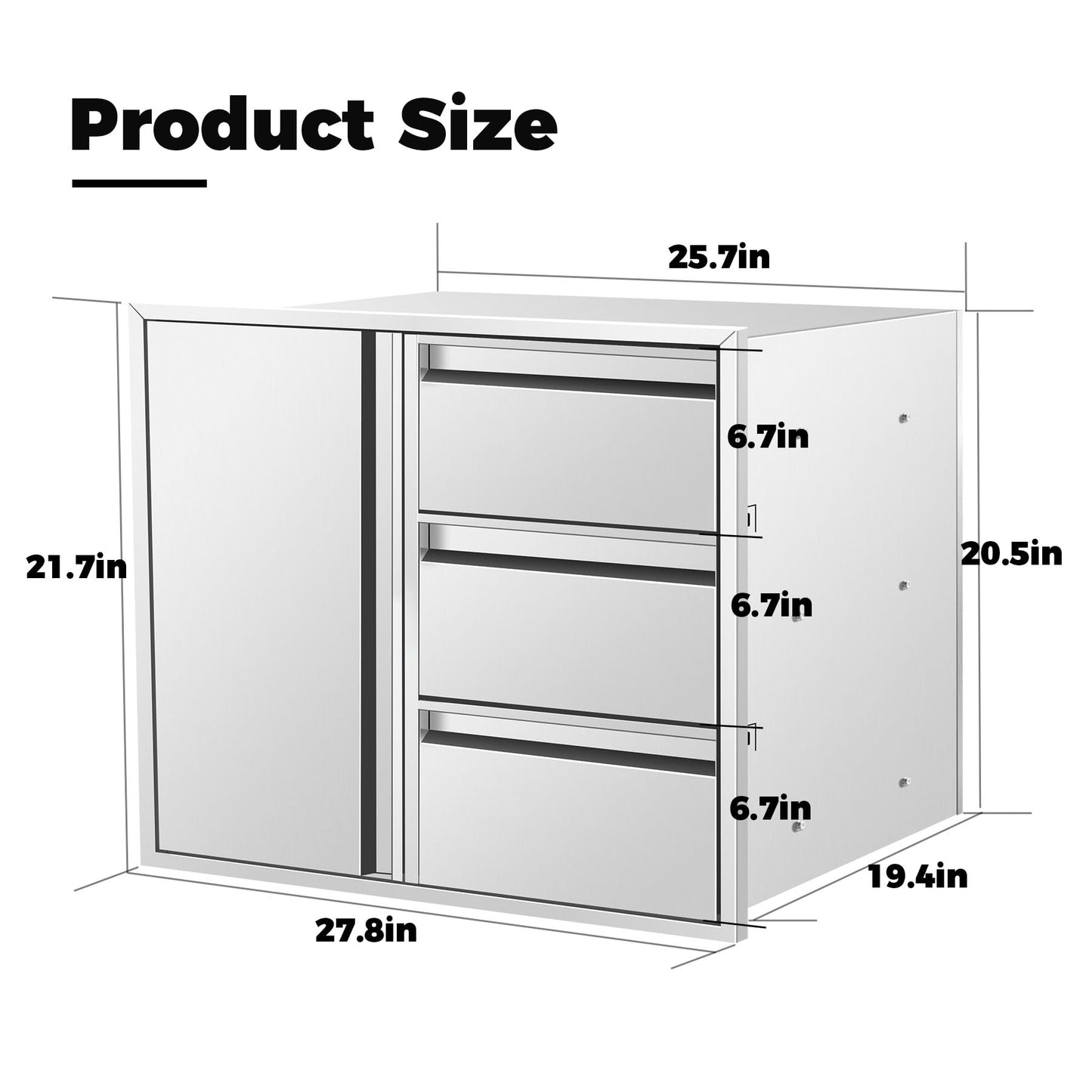 POPMOON 304 Stainless Steel Outdoor Kitchen Drawer Combo-28''W x 22''H x 19.5''D, Triple Storage Drawers & Access Door, Brushed Finish for BBQ Island