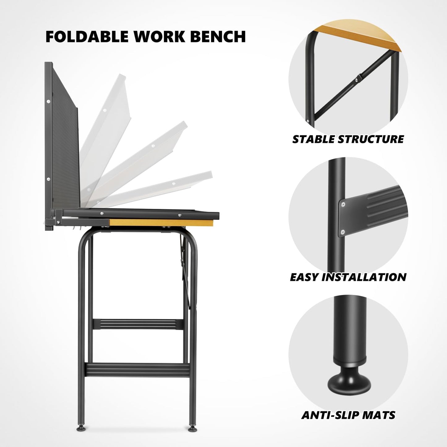 DNA MOTORING 46'' Heavy Duty Work Bench, Hardwood Workbench with Pegboard, Work Table for Garage, Woodworking Shop, Office, Home, w/ 20pcs Multifunctional Hooks, TOOLS-00457