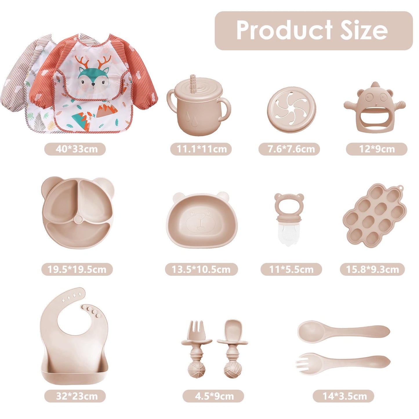 Silicone Baby Feeding Set, 14 Pcs Baby Led Weaning Supplies, Baby Spoons & Forks Suction Bowl Divided Plate Bib Cup, First Stage Solid Food Eating Utensils - 6+ Months (Beige)