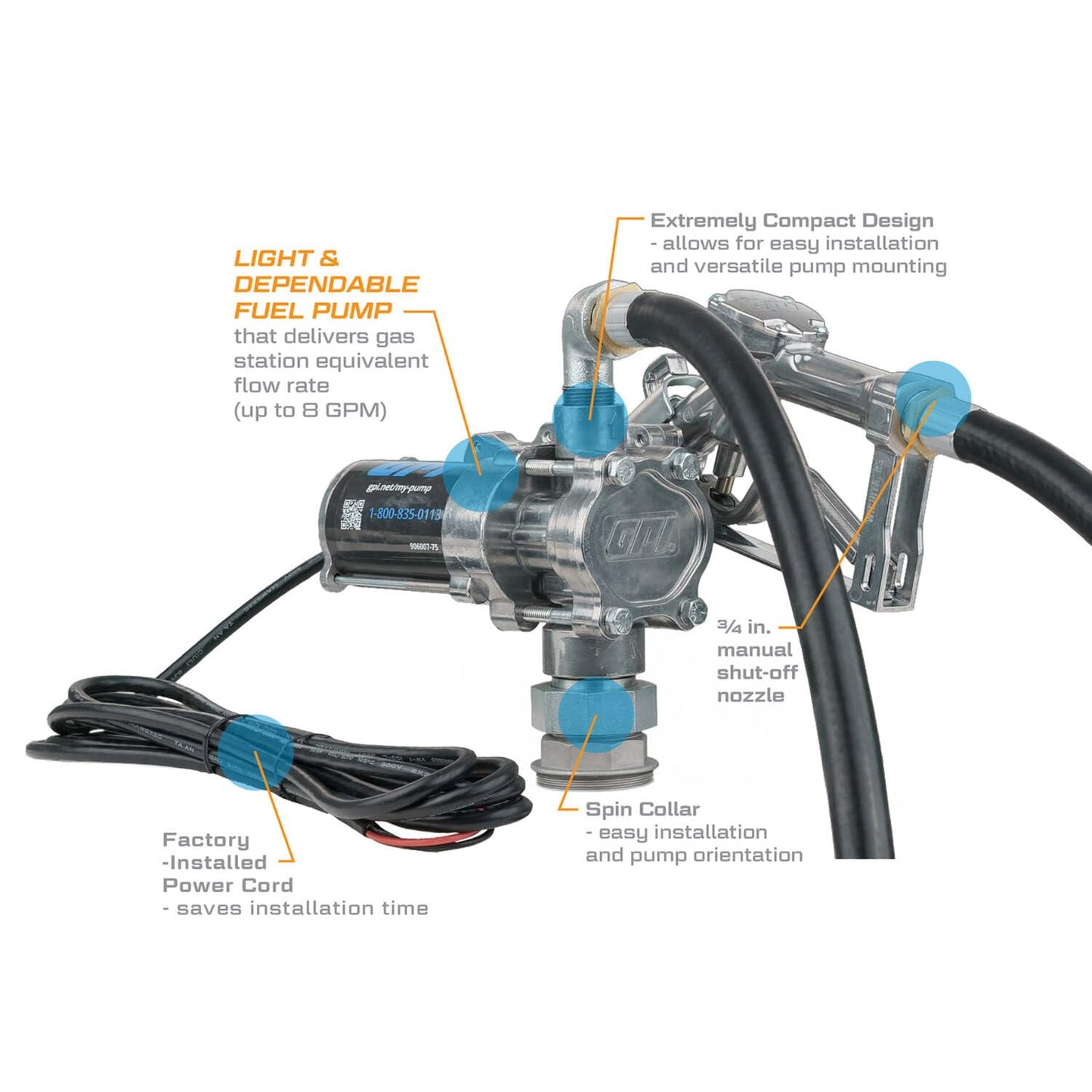 GPI - EZ-8 Fuel Transfer Pump, Manual Shut-Off Nozzle with Spin Collar, 8 GPM, 12 Volt (137100-05)