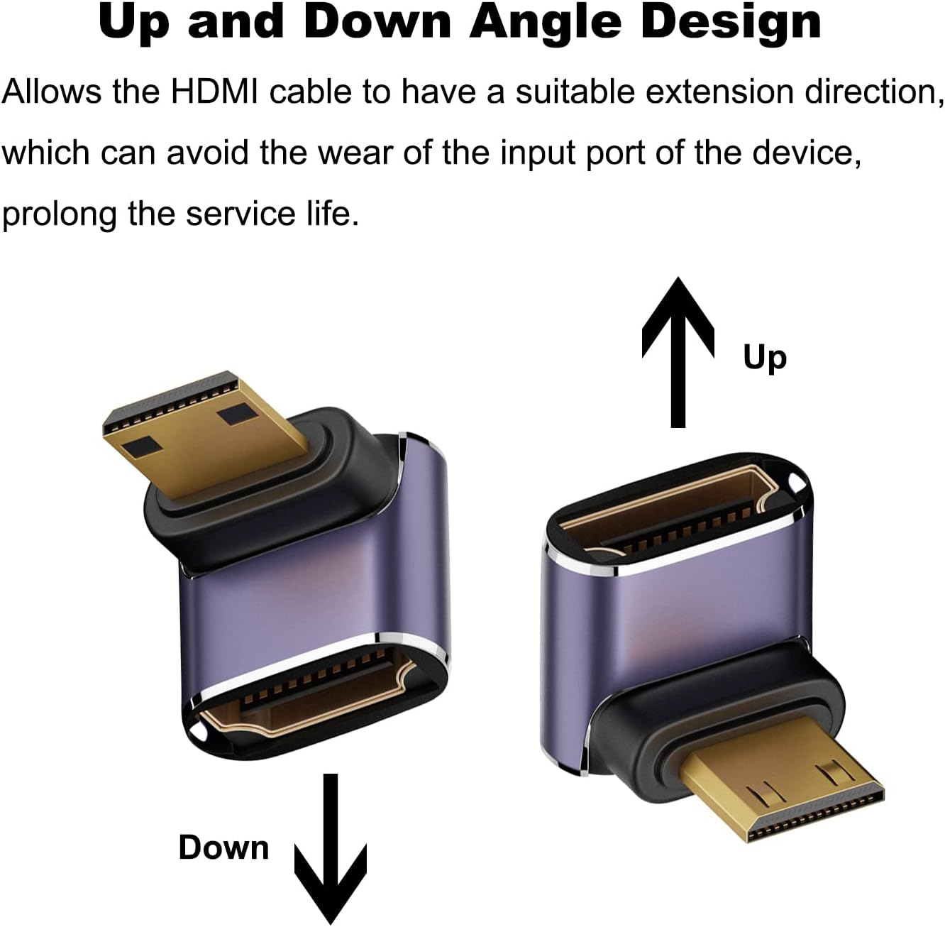 AreMe 8K (2 Pack), 90 Mini HDMI to HDMI Adapter Up and Down Degree Right Angle Mini HDMI Male to HDMI Female Converter