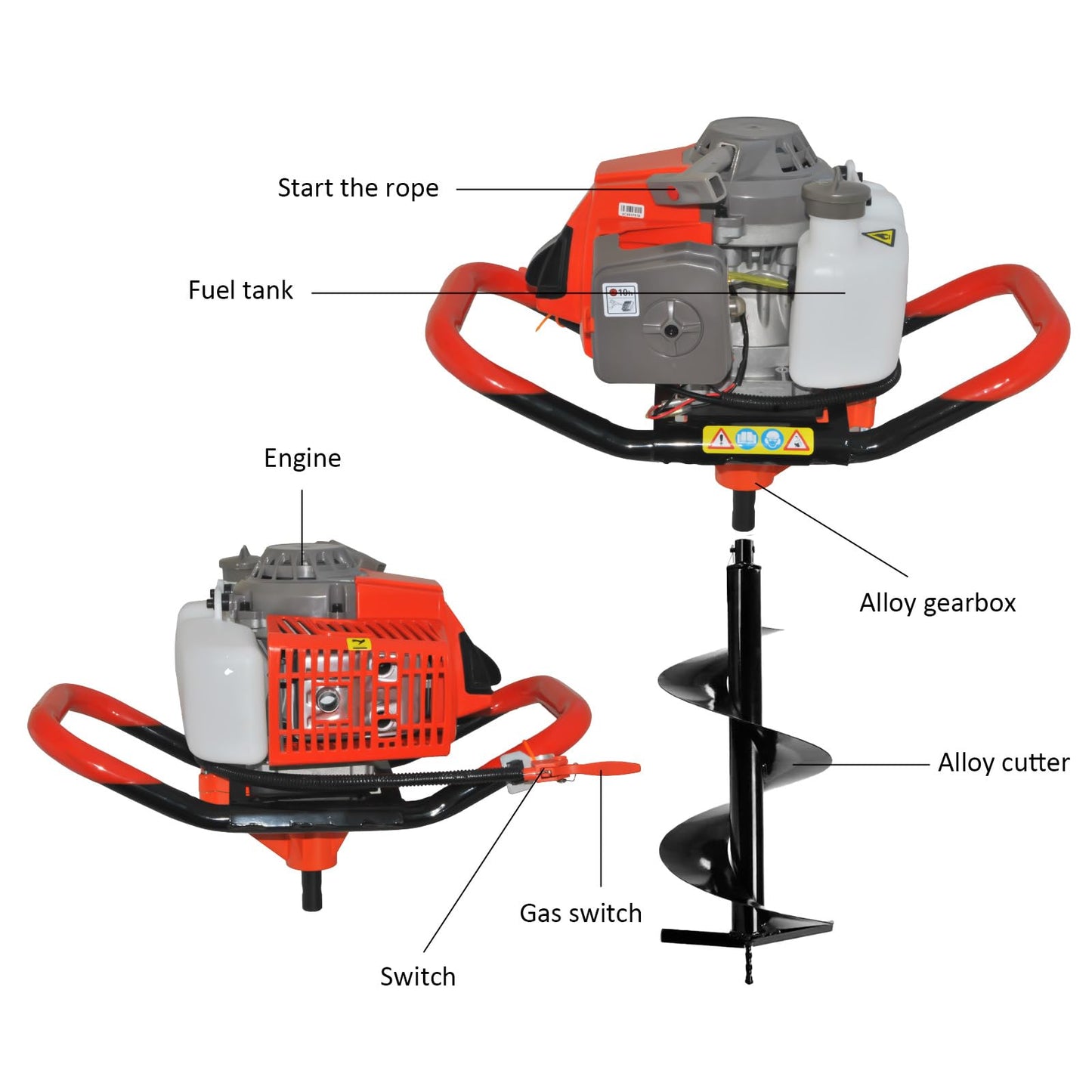 SICAN Post Hole Digger,72CC 2 Stroke Auger Post Hole Digger, Gas Powered Earth Digger 3 Auger Drill Bits(4"&8"&12'') and 2 Extension Rods for Farm Garden Plant (72cc Morden Digger)