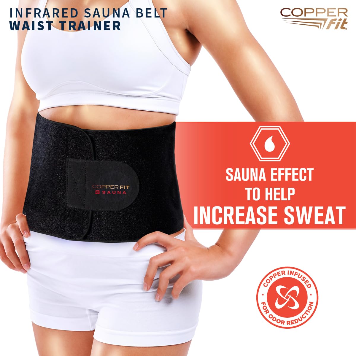 Copper Fit Infrared Sauna Belt – Waist Trainer for Men & Women – Increases Sweat & Supports Core – Adjustable Compression – Copper-Infused (Black, SM)