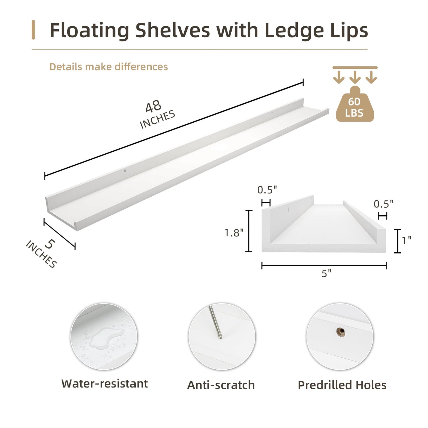 Acovy Picture Ledge Shelf, Wood Long Floating Shelves for Wall, Set of 2, 48 inch Picture Ledge Shelves, Photo Ledge Nursery Book Shelves Wall Mounted for Living Room Kids' Room Bedroom, Color White